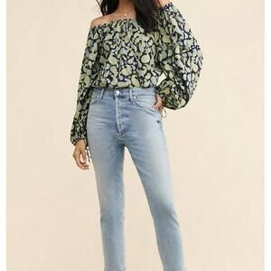 Free People Sundown Green Paisley Cotton Tied Sleeve Bodysuit - Size - Small